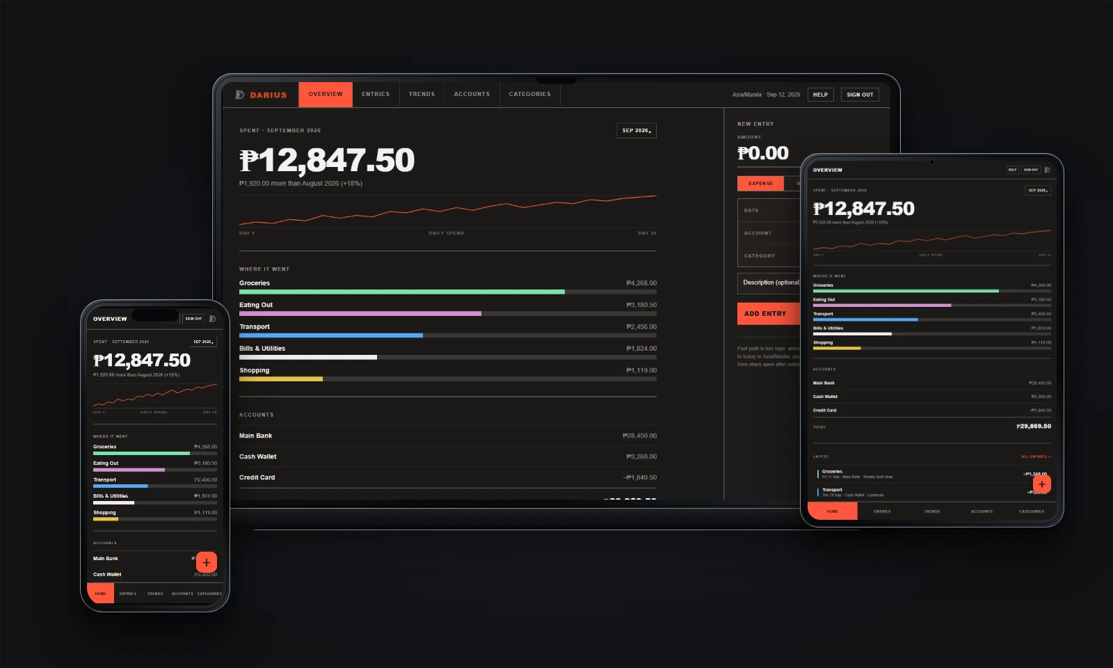 Darius expense tracker shown across desktop, tablet, and mobile screens