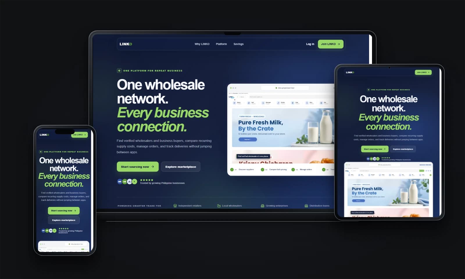 Linko supplier matching platform shown across desktop, tablet, and mobile screens