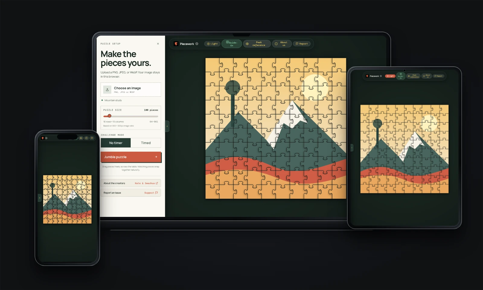 Piecework image puzzle shown across desktop, tablet, and mobile screens