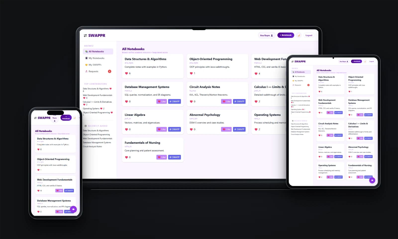 SWAPPR study buddy matching platform shown across desktop, tablet, and mobile screens